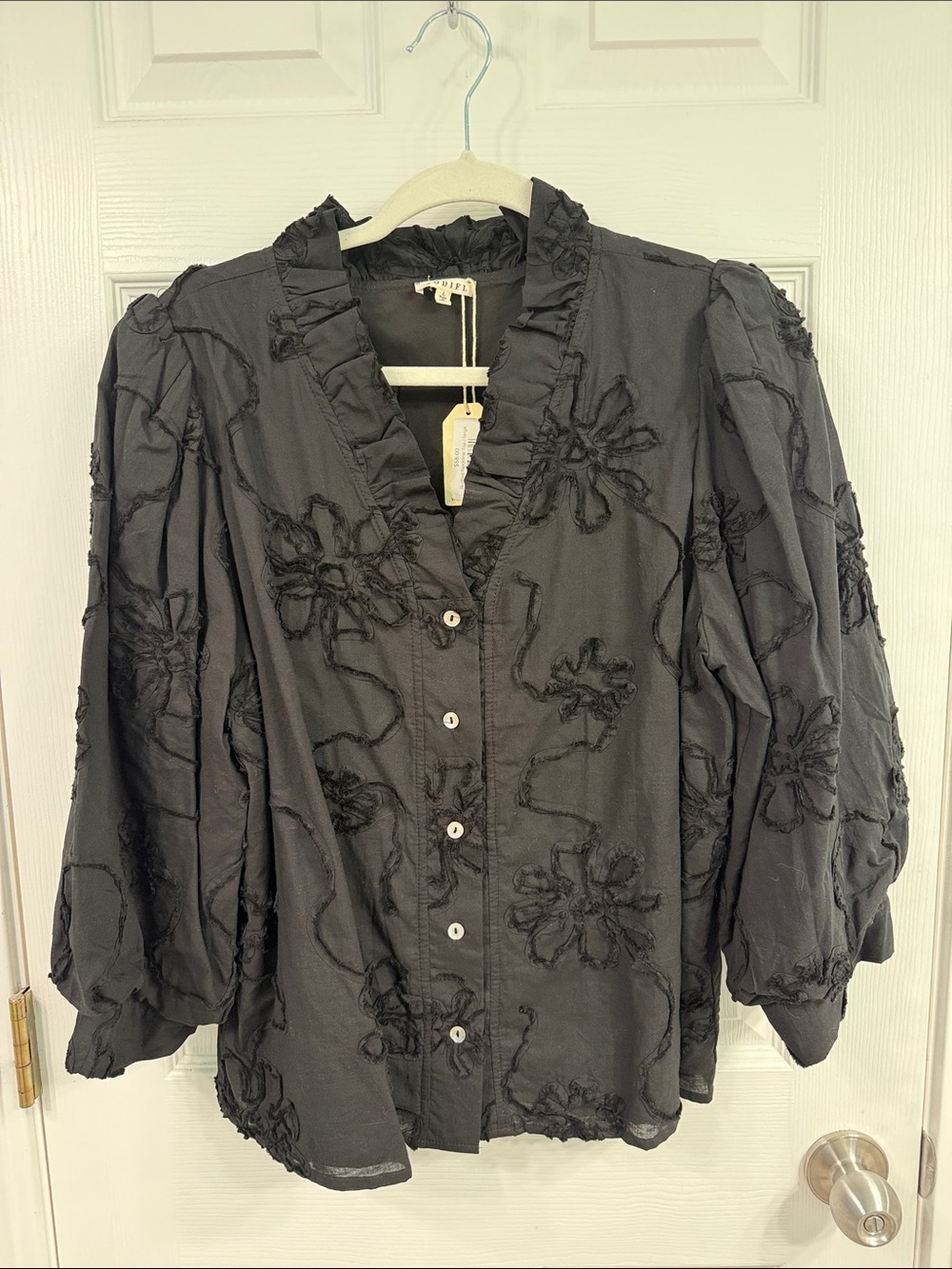 NWT Jodifl ruffle neck blouse in black. Size large.